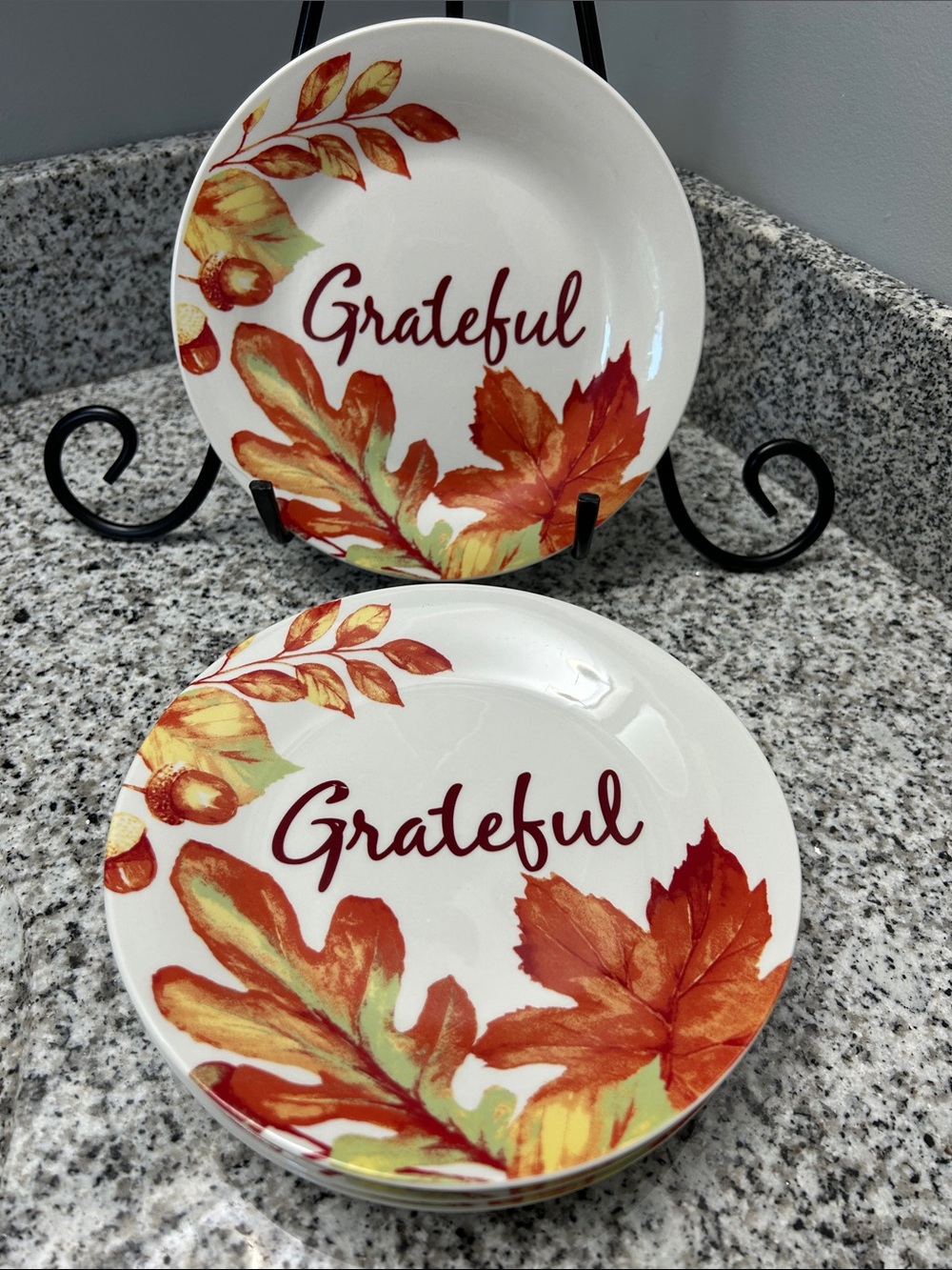Royal Norfolk Grateful Autumn Leaf Salad Plates White with Orange & Red